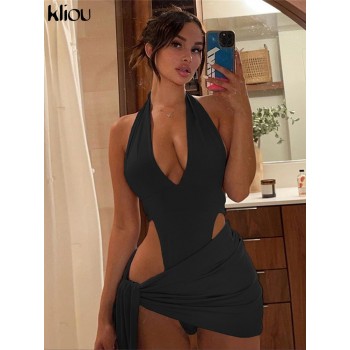 Solid Deep V sexy Two Piece Sets Midnight Club Halter Top And Skirt Backless Summer Partywear Hollow Out Ruched Women Set
